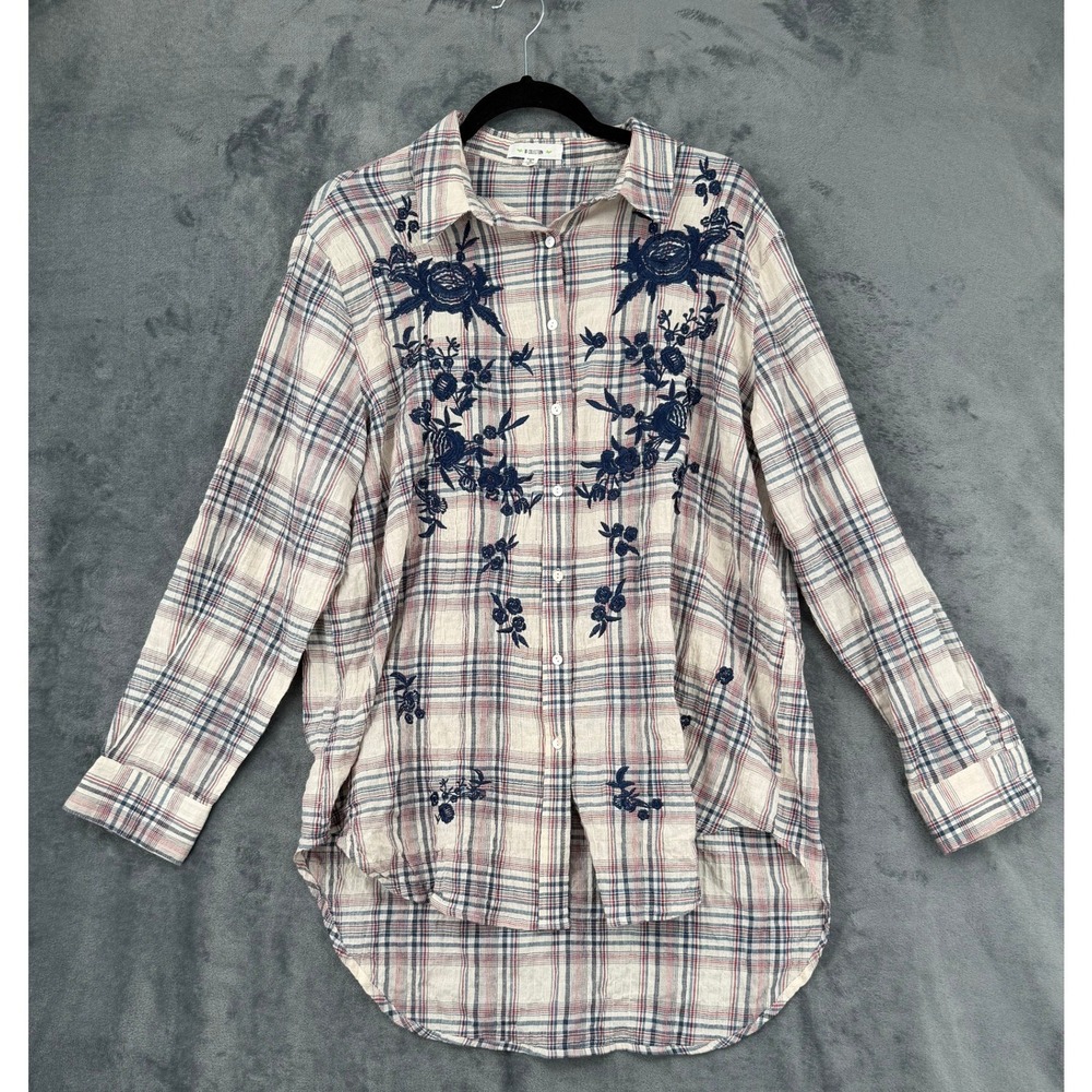 BD Collection Shirt Womens Size XL Plaid Embroidered Floral Embroidered Boho